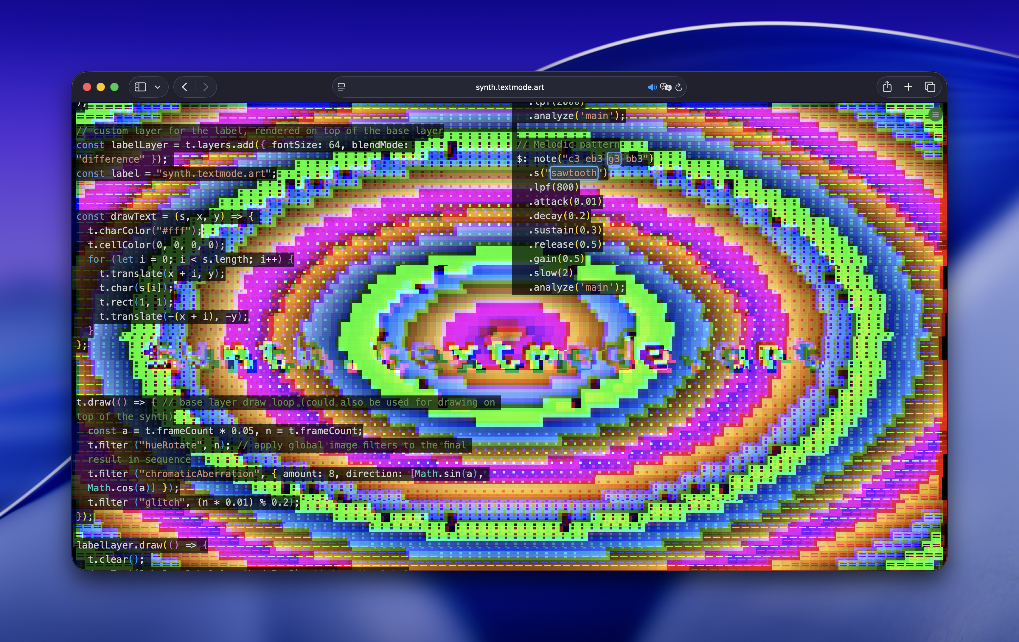 Browser-based live coding environment for textmode.js sketches, add-ons, and ASCII synthesis.